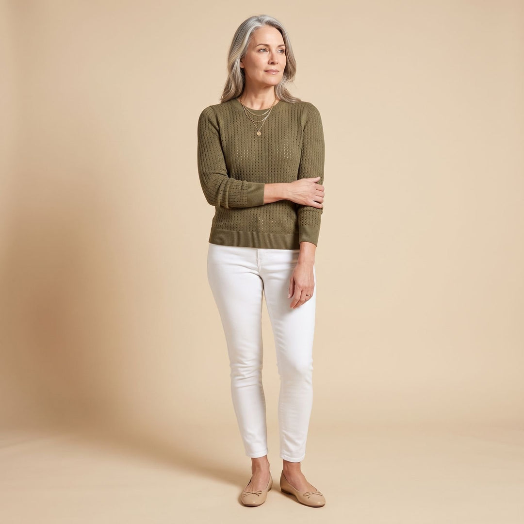 Women's Pointelle Knit Crewneck Long-Sleeve Sweater