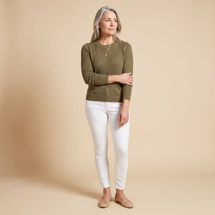 Women's Pointelle Knit Crewneck Long-Sleeve Sweater