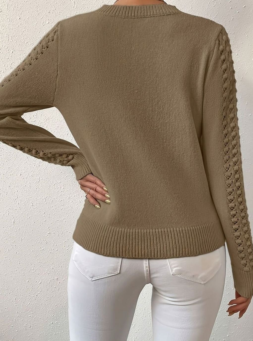 Women's Pointelle-Knit Round Neck Long Sleeve Sweater