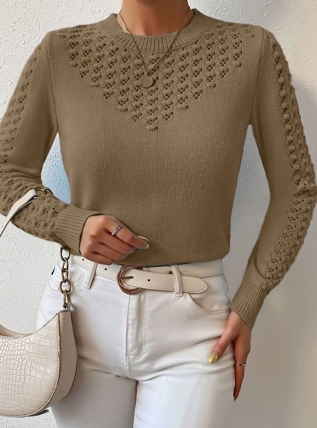 Women's Pointelle-Knit Round Neck Long Sleeve Sweater