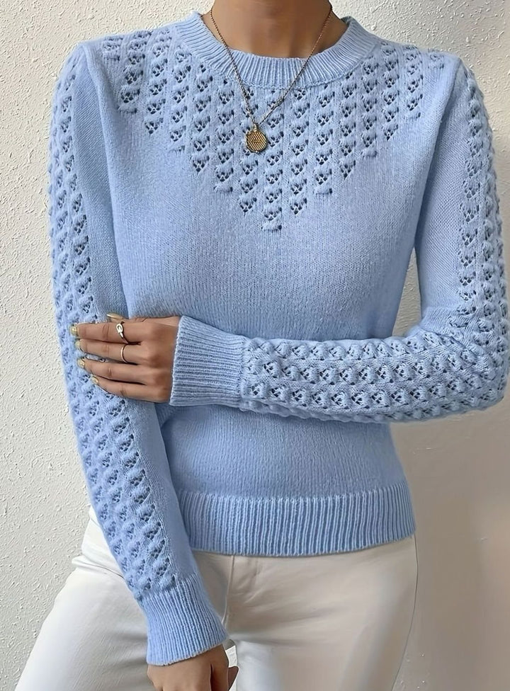 Women's Pointelle-Knit Round Neck Long Sleeve Sweater
