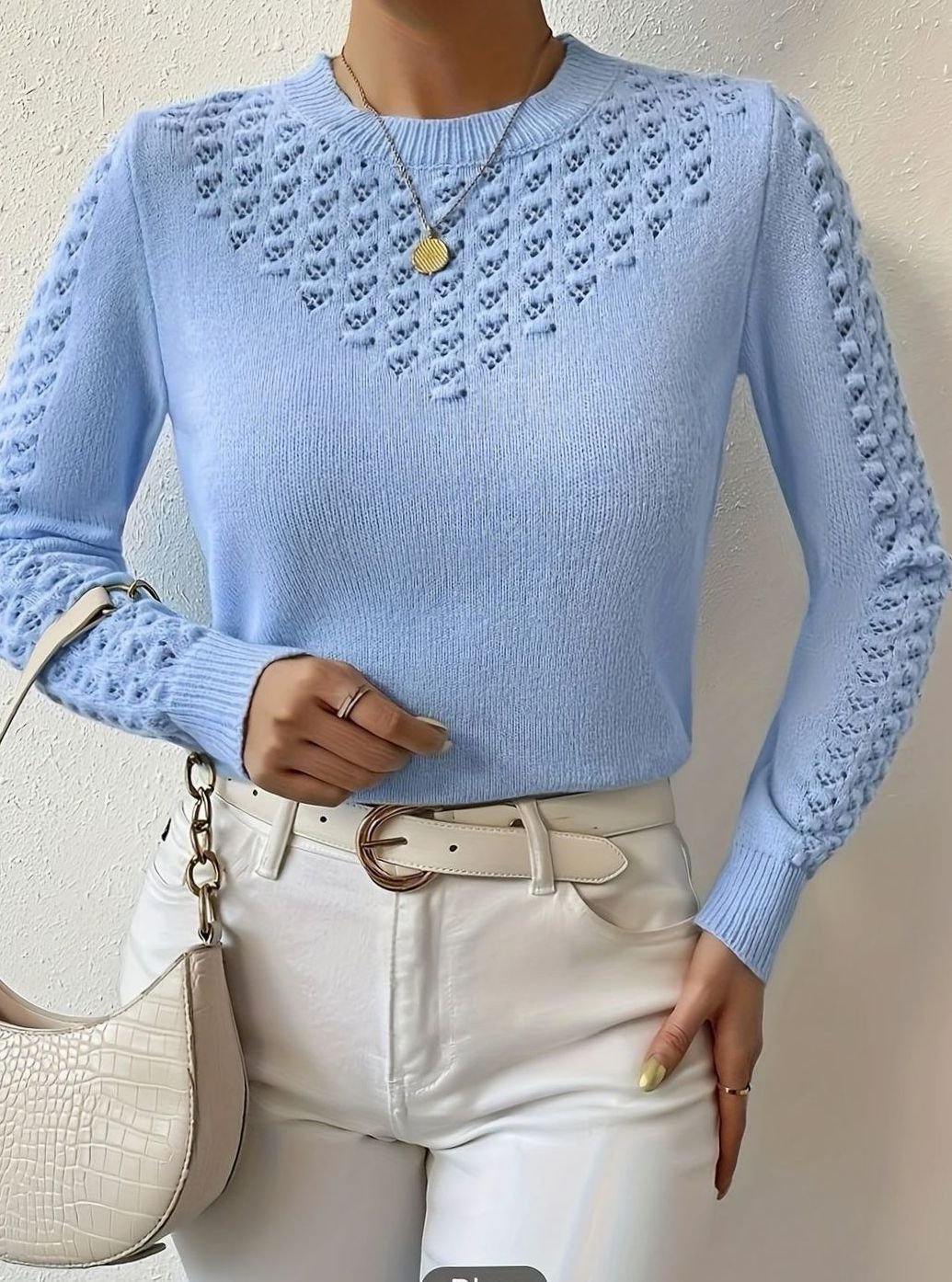 Women's Pointelle-Knit Round Neck Long Sleeve Sweater