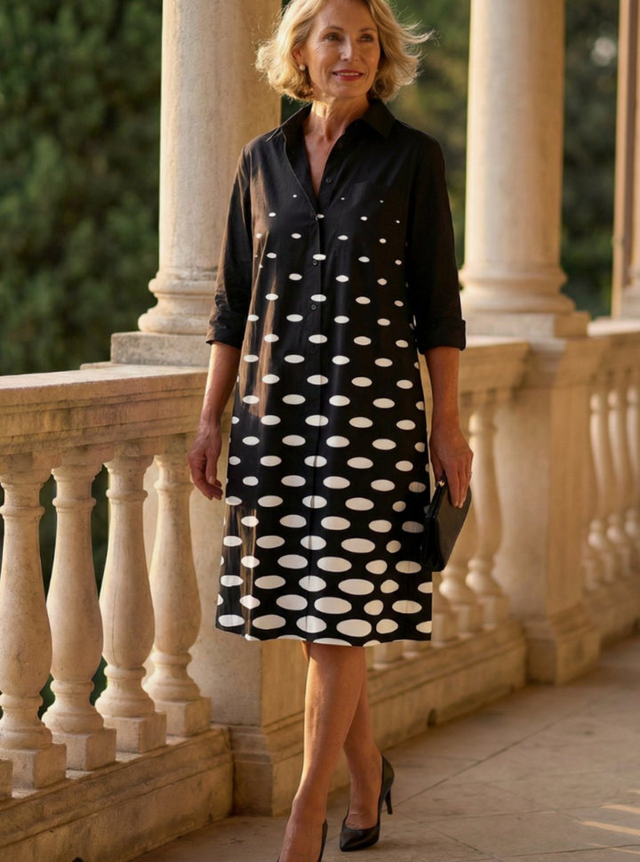 Women's Polka Dot Collared Shirt Cocktail Dress Three-Quarter Sleeve - Black