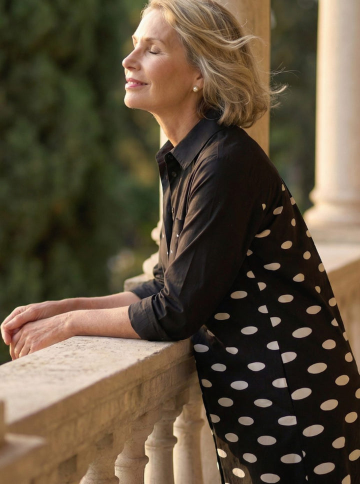 Women's Polka Dot Collared Shirt Cocktail Dress Three-Quarter Sleeve