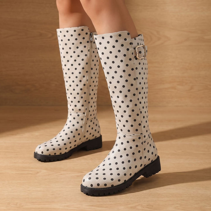 Women's Polka Dot Knee High Boots Low Heel Side Zip