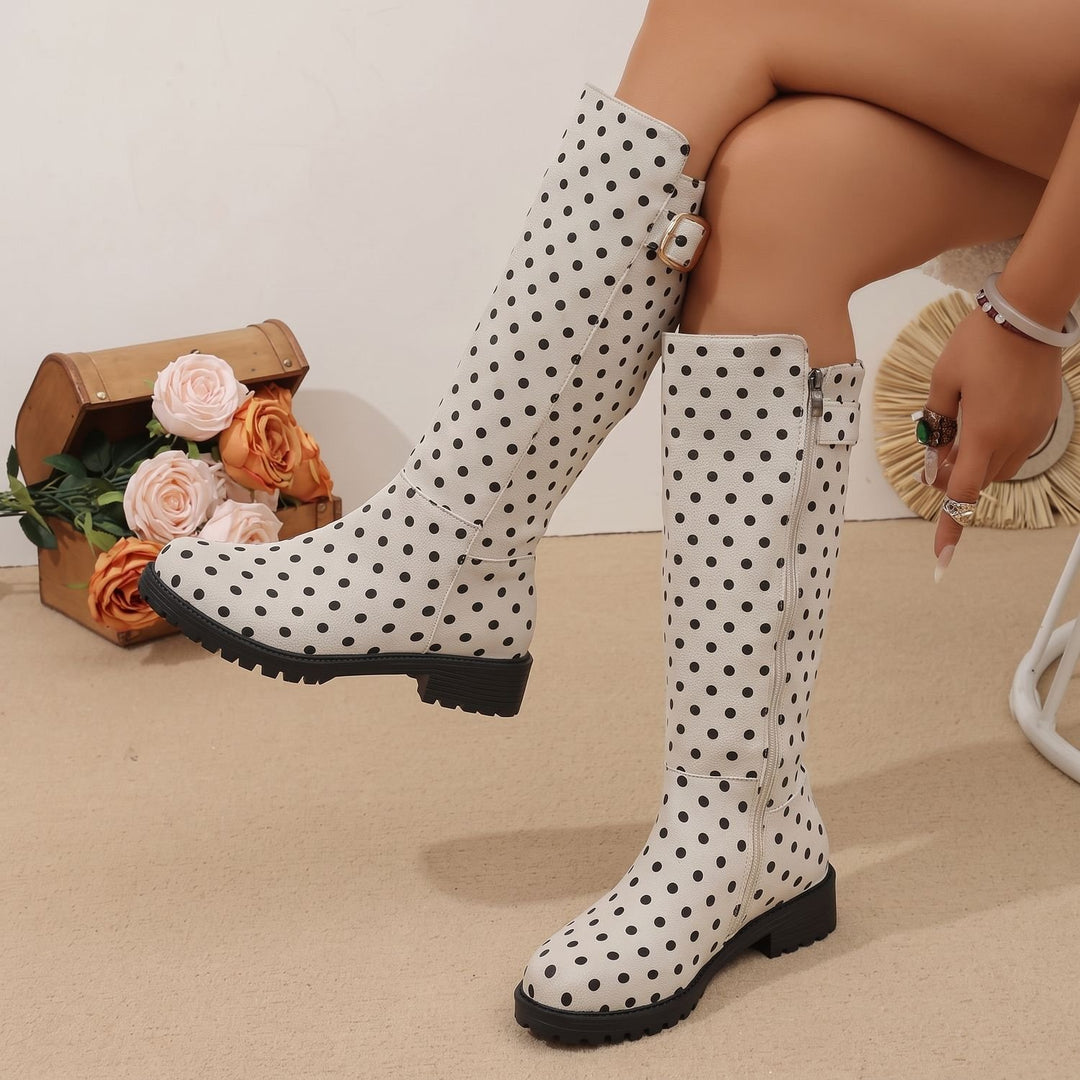 Women's Polka Dot Knee High Boots Low Heel Side Zip