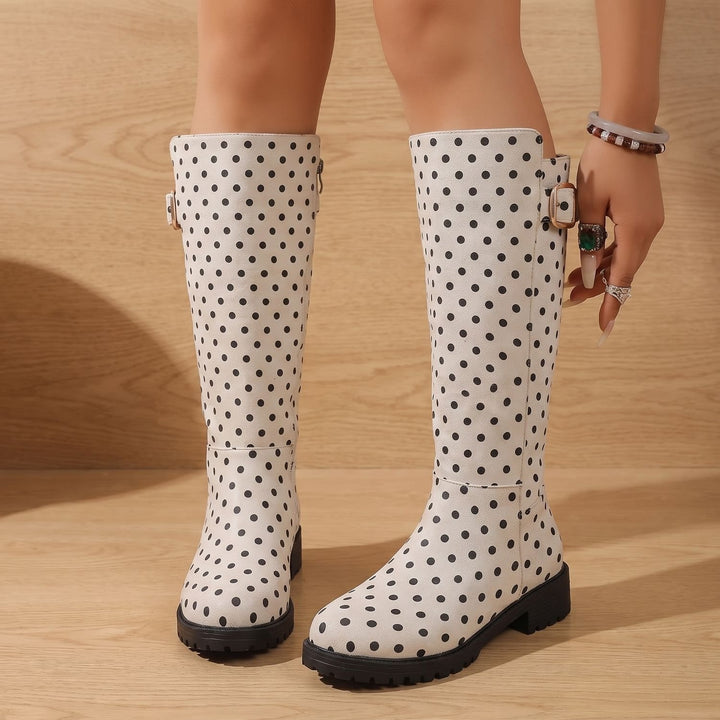 Women's Polka Dot Knee High Boots Low Heel Side Zip - Beige