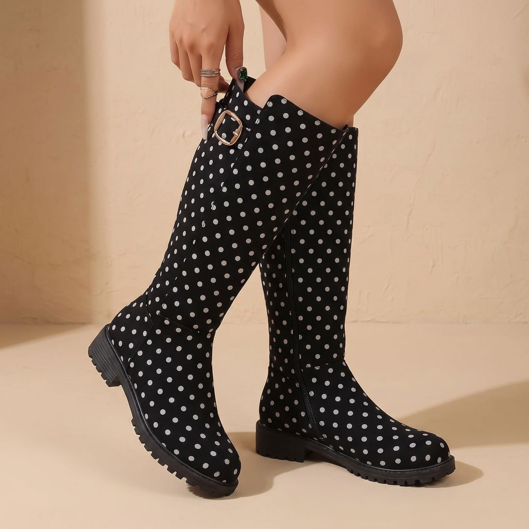 Women's Polka Dot Knee High Boots Low Heel Side Zip - Black