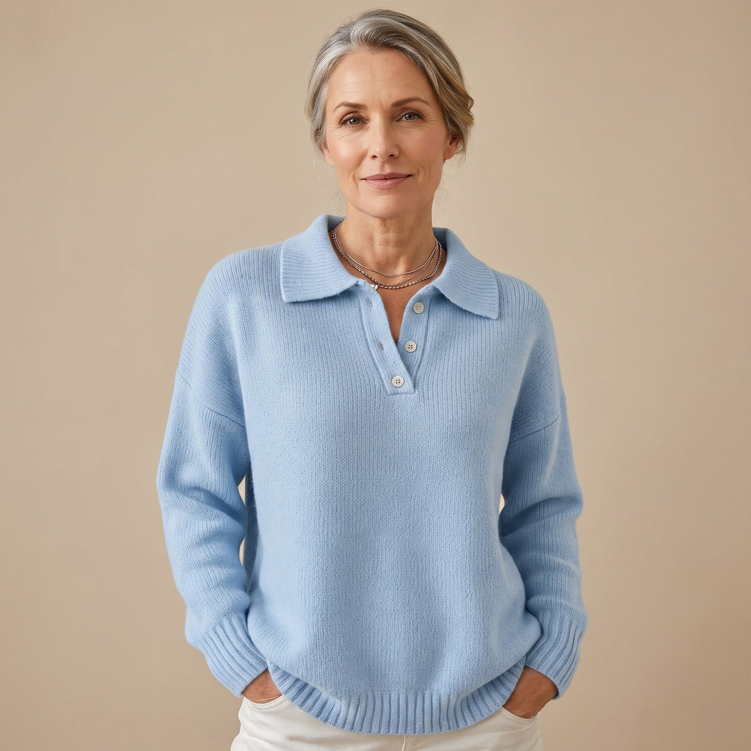 Women's Polo-Collar Button-Neck Knit Pullover Sweater - Blue