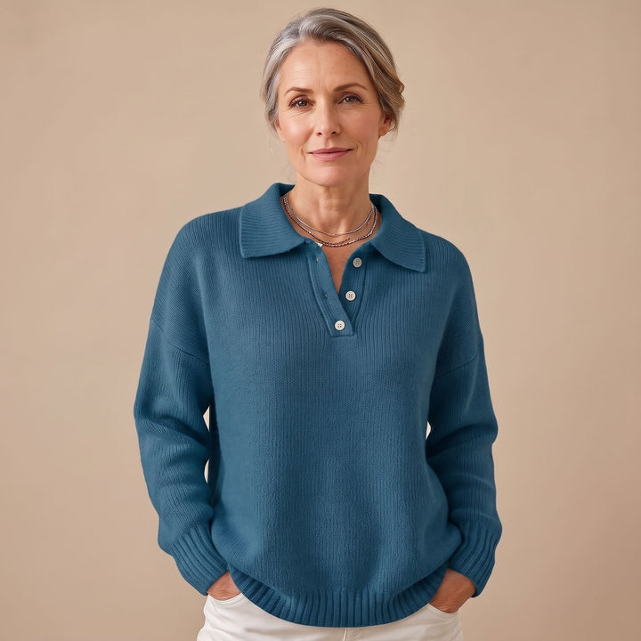 Women's Polo-Collar Button-Neck Knit Pullover Sweater - Teal