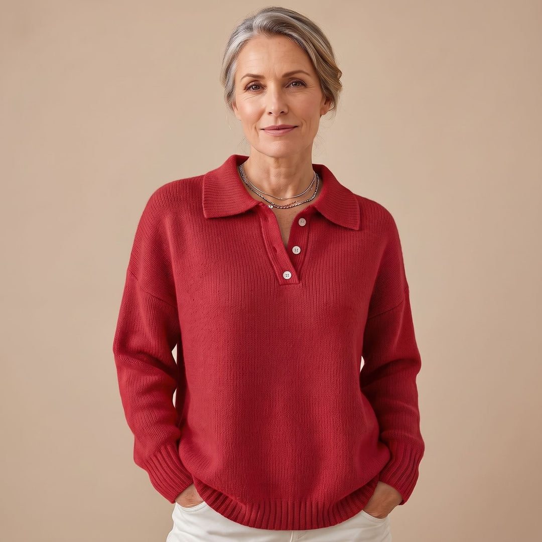 Women's Polo-Collar Button-Neck Knit Pullover Sweater - Red