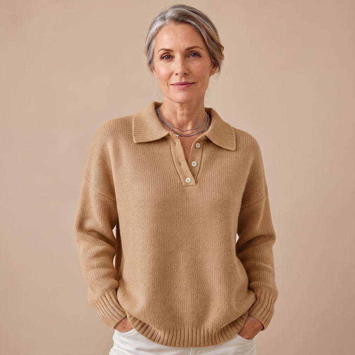 Women's Polo-Collar Button-Neck Knit Pullover Sweater - Camel