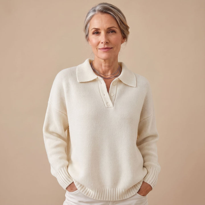 Women's Polo-Collar Button-Neck Knit Pullover Sweater - White