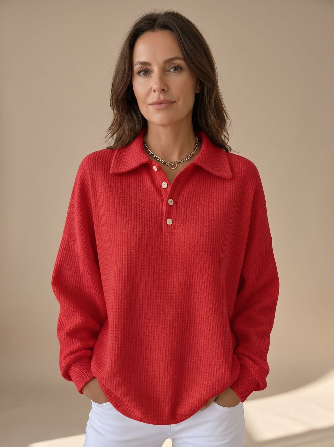 Women's Polo Collar Waffle Knit Sweater Button Placket Long Sleeve - Red