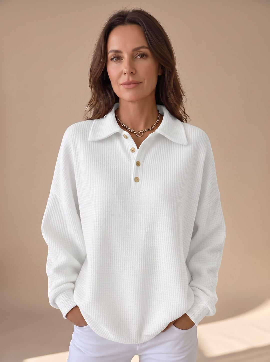 Women's Polo Collar Waffle Knit Sweater Button Placket Long Sleeve - White