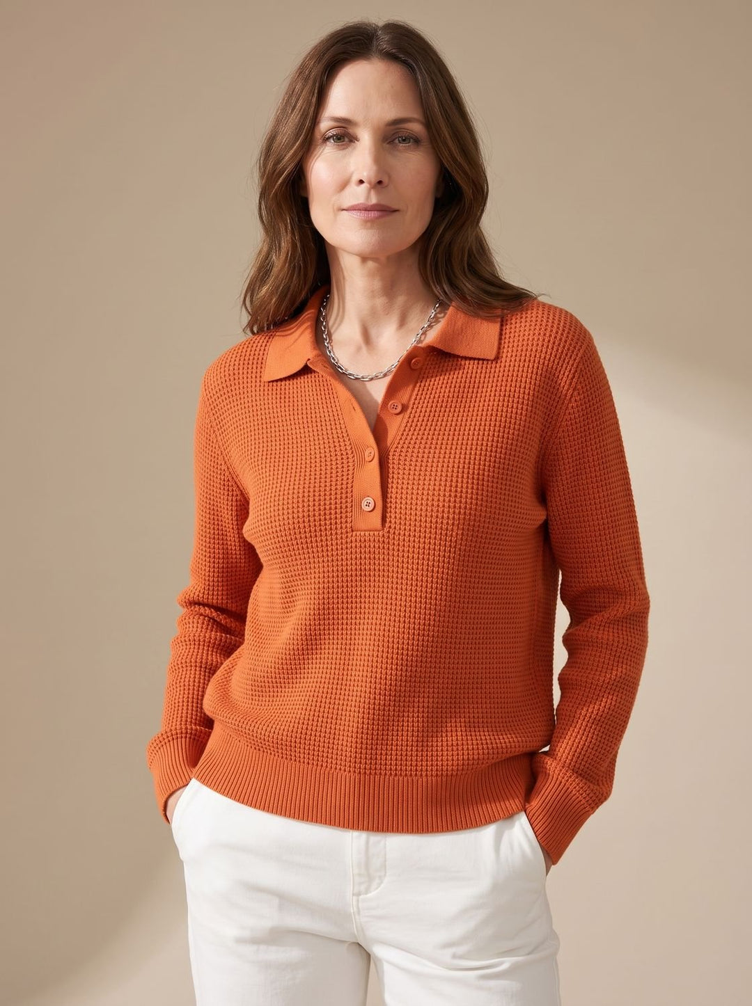 Women's Polo Collar Waffle Knit Sweater Button Placket Long Sleeve - Orange