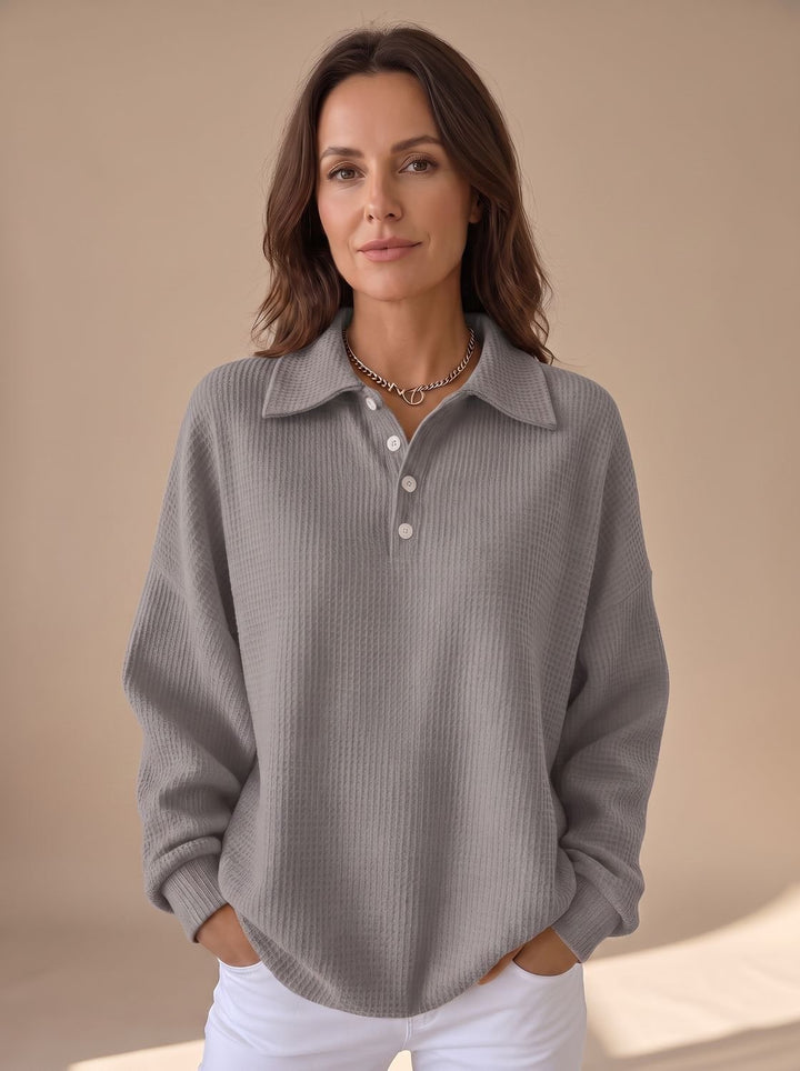 Women's Polo Collar Waffle Knit Sweater Button Placket Long Sleeve - Gray