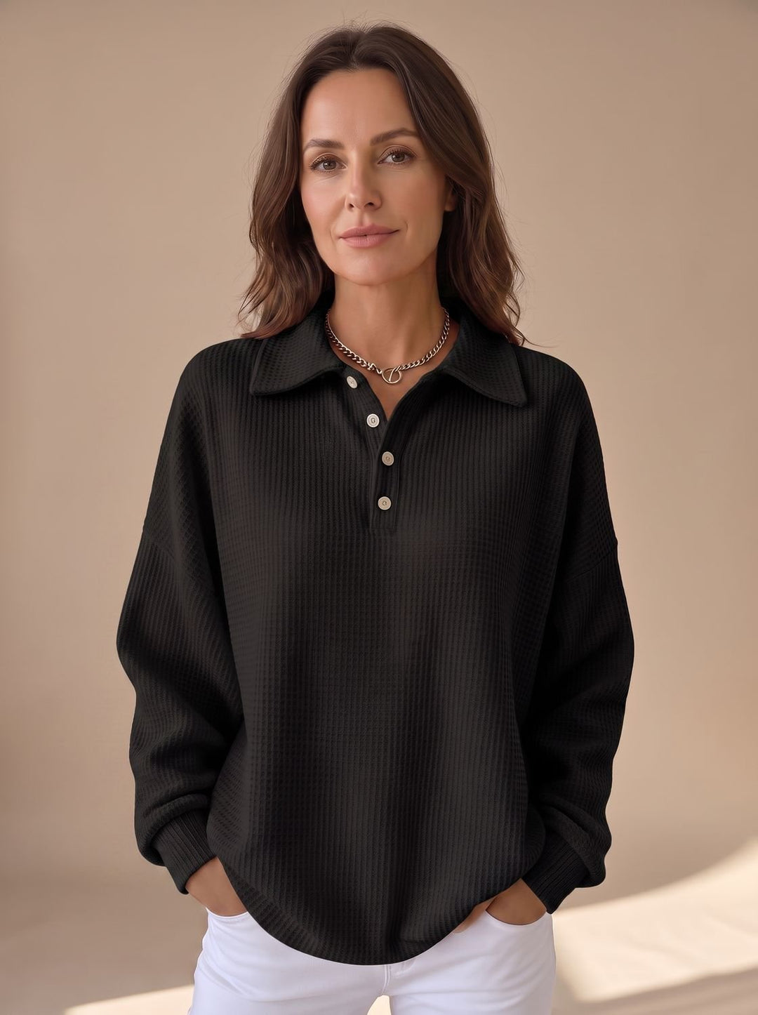 Women's Polo Collar Waffle Knit Sweater Button Placket Long Sleeve - Black
