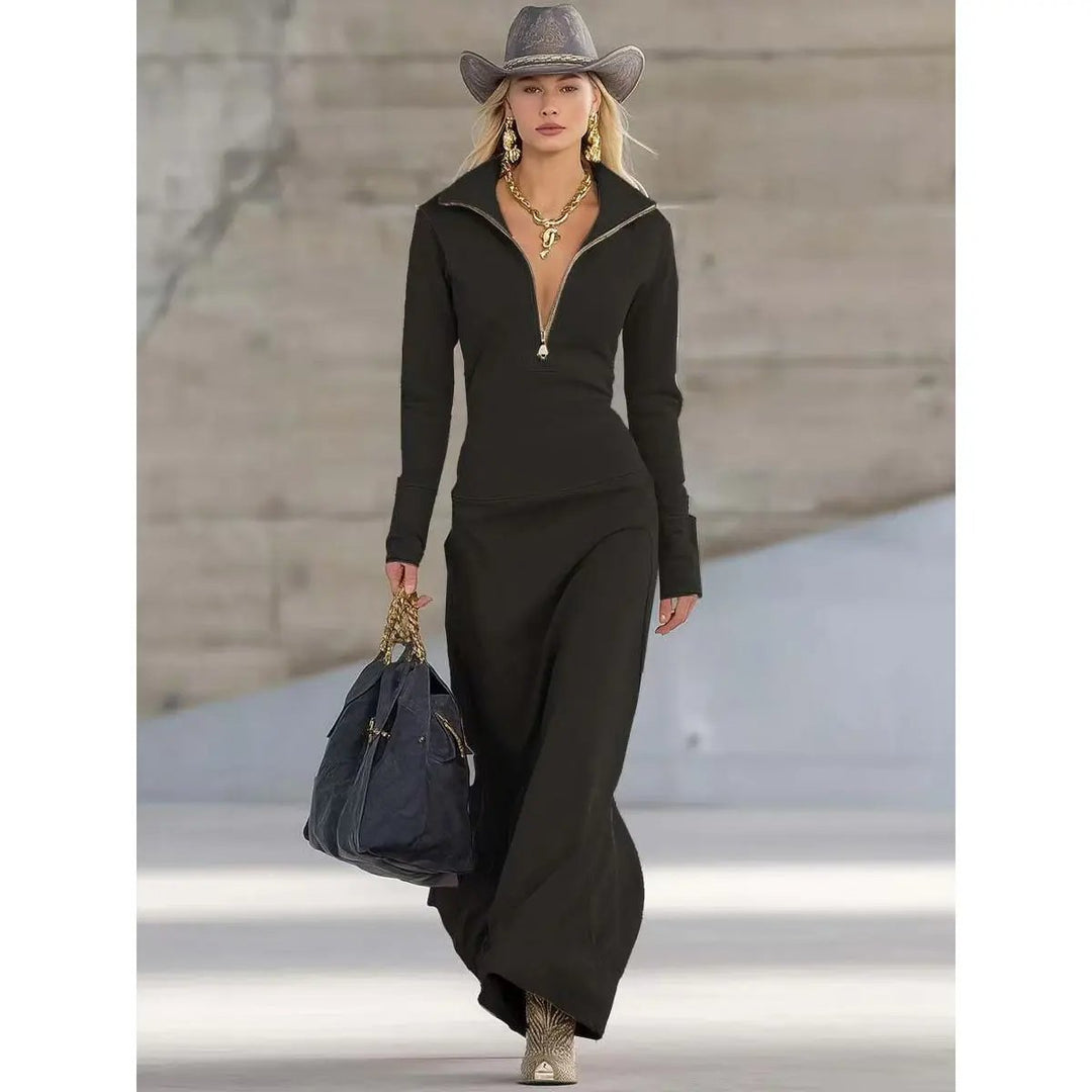 Women's Quarter-Zip Long Sleeve Maxi Dress - Black