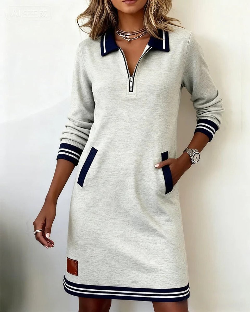 Women's Quarter-Zip Polo-Collar Long Sleeve Dress Pockets - Gray