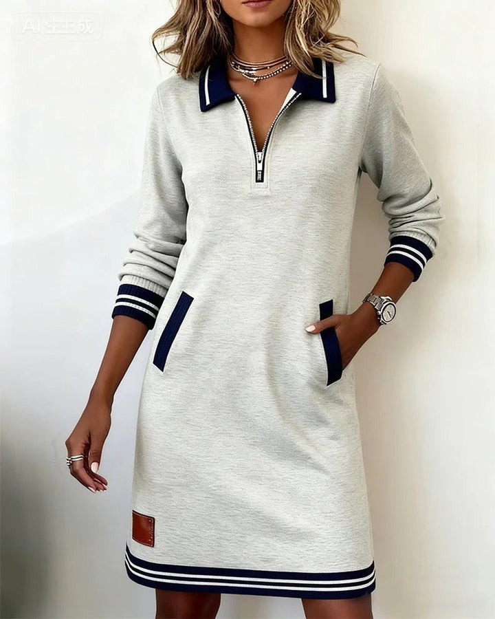 Women's Quarter-Zip Polo-Collar Long Sleeve Dress Pockets - Gray