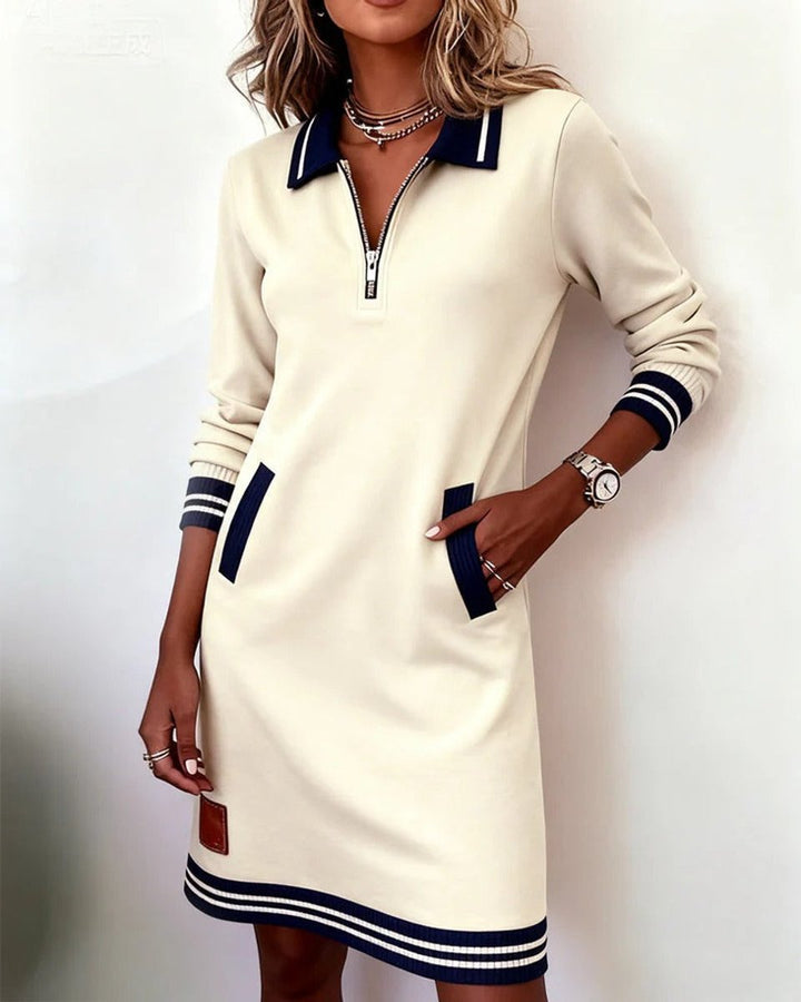 Women's Quarter-Zip Polo-Collar Long Sleeve Dress Pockets - White