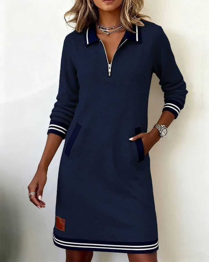 Women's Quarter-Zip Polo-Collar Long Sleeve Dress Pockets - Navy Blue
