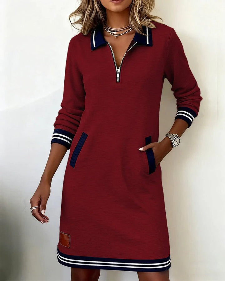 Women's Quarter-Zip Polo-Collar Long Sleeve Dress Pockets - Red