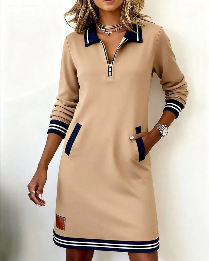 Women's Quarter-Zip Polo-Collar Long Sleeve Dress Pockets