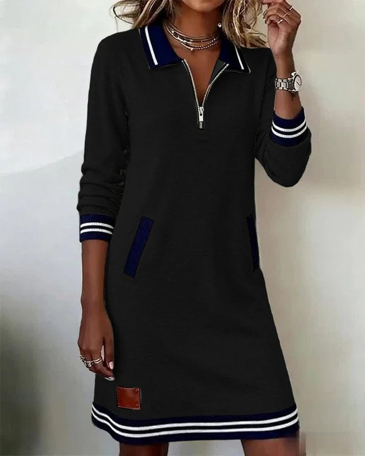 Women's Quarter-Zip Polo-Collar Long Sleeve Dress Pockets