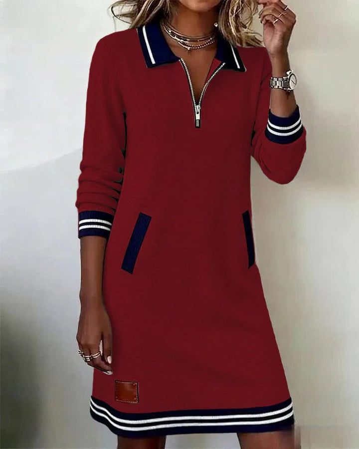 Women's Quarter-Zip Polo-Collar Long Sleeve Dress Pockets
