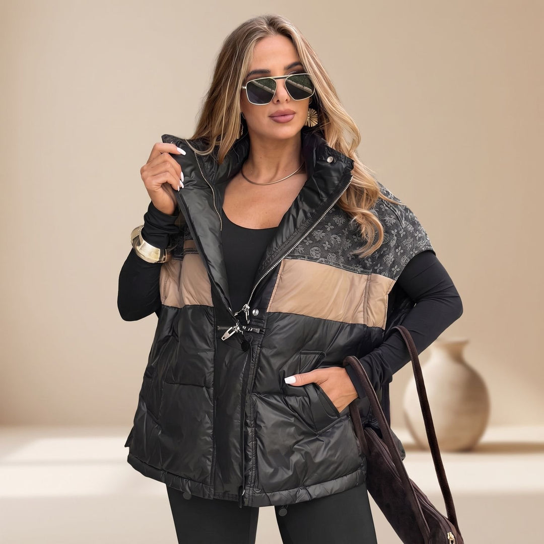 Women's Quilted Contrast-Panel Sleeveless Puffer Jacket - Black