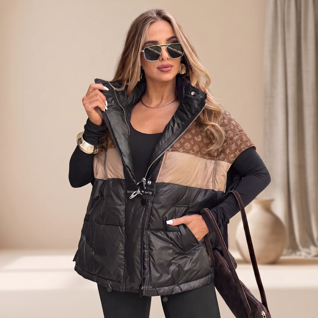 Women's Quilted Contrast-Panel Sleeveless Puffer Jacket - Brown