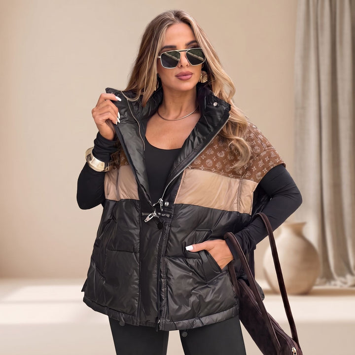 Women's Quilted Contrast-Panel Sleeveless Puffer Jacket - Brown