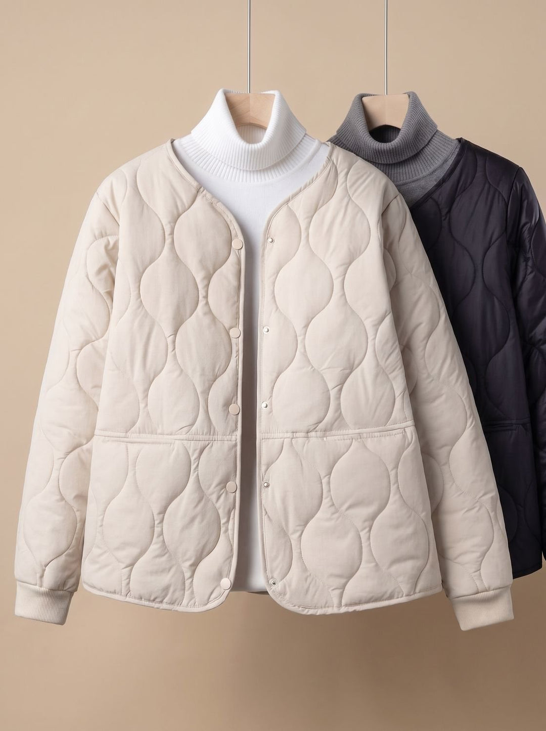 Women's Quilted Cotton-Padded V-Neck Snap-Button Jacket - White