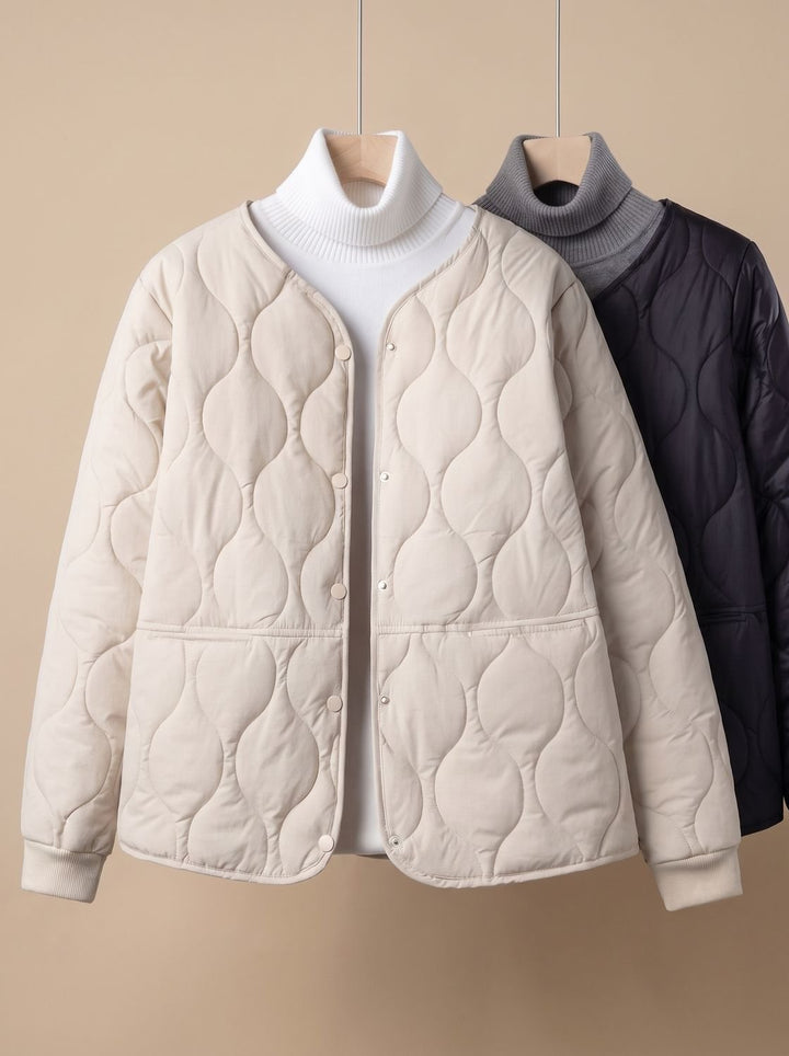 Women's Quilted Cotton-Padded V-Neck Snap-Button Jacket - White