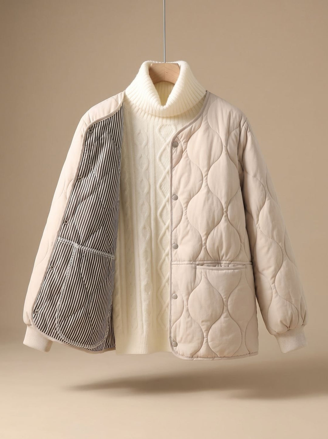 Women's Quilted Cotton-Padded V-Neck Snap-Button Jacket - Black