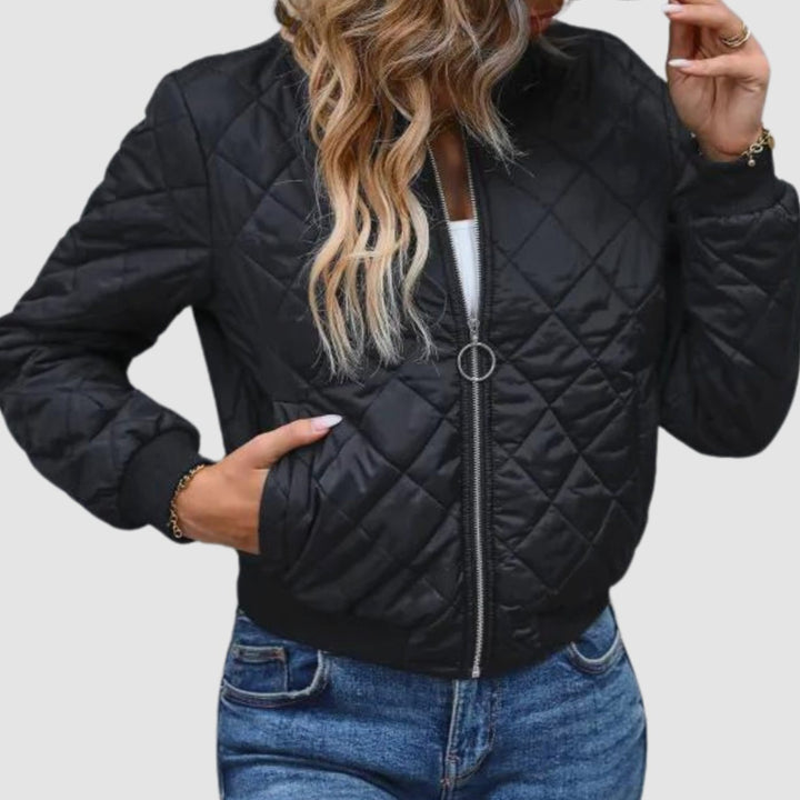 Women's Quilted Diamond-Stitch Zip-Up Cropped Bomber Jacket - Black