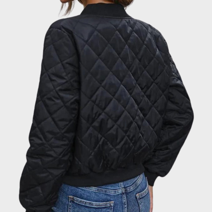 Women's Quilted Diamond-Stitch Zip-Up Cropped Bomber Jacket