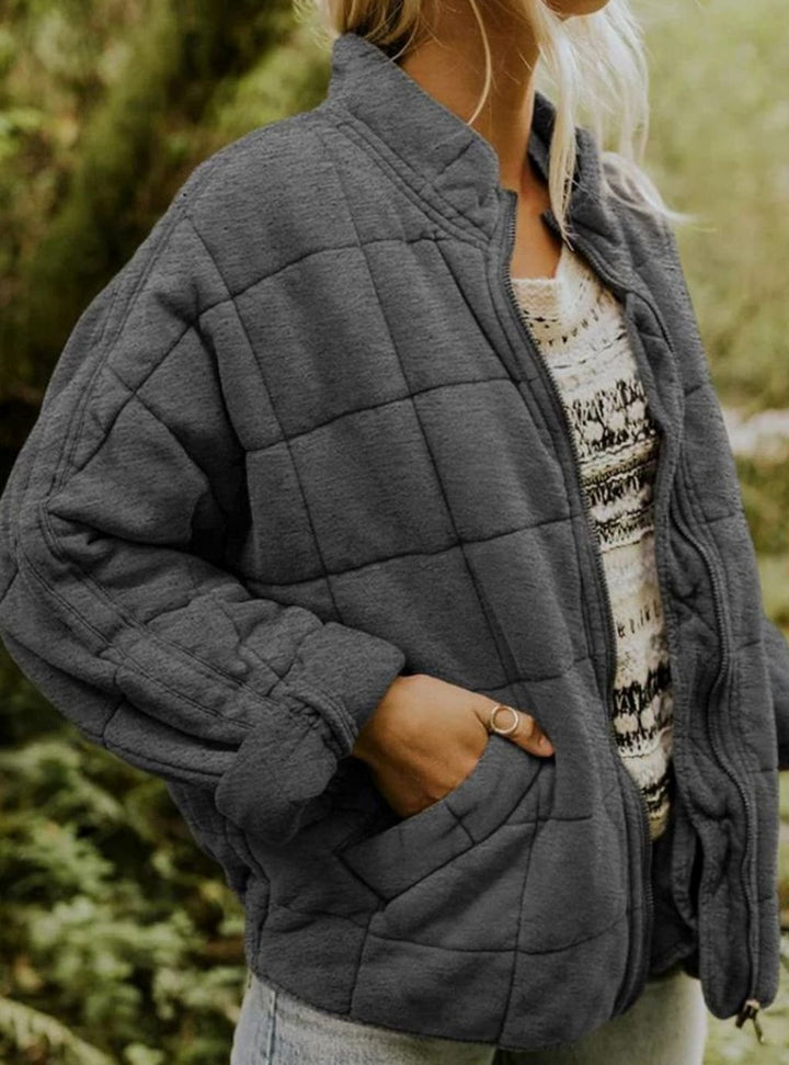 Women's Quilted Fashion Jacket Stand Collar Full-Zip - Dark Gray