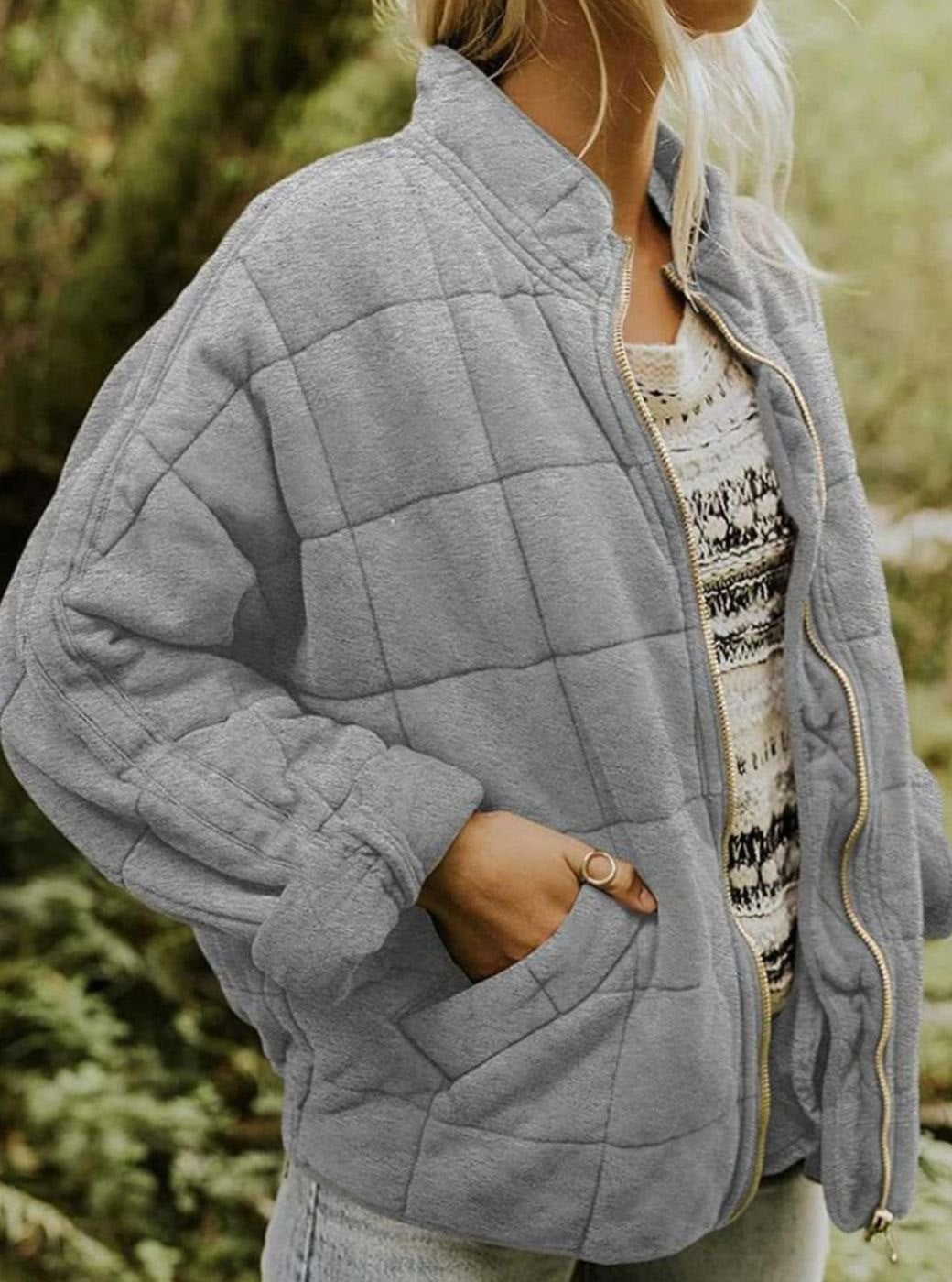 Women's Quilted Fashion Jacket Stand Collar Full-Zip - Gray
