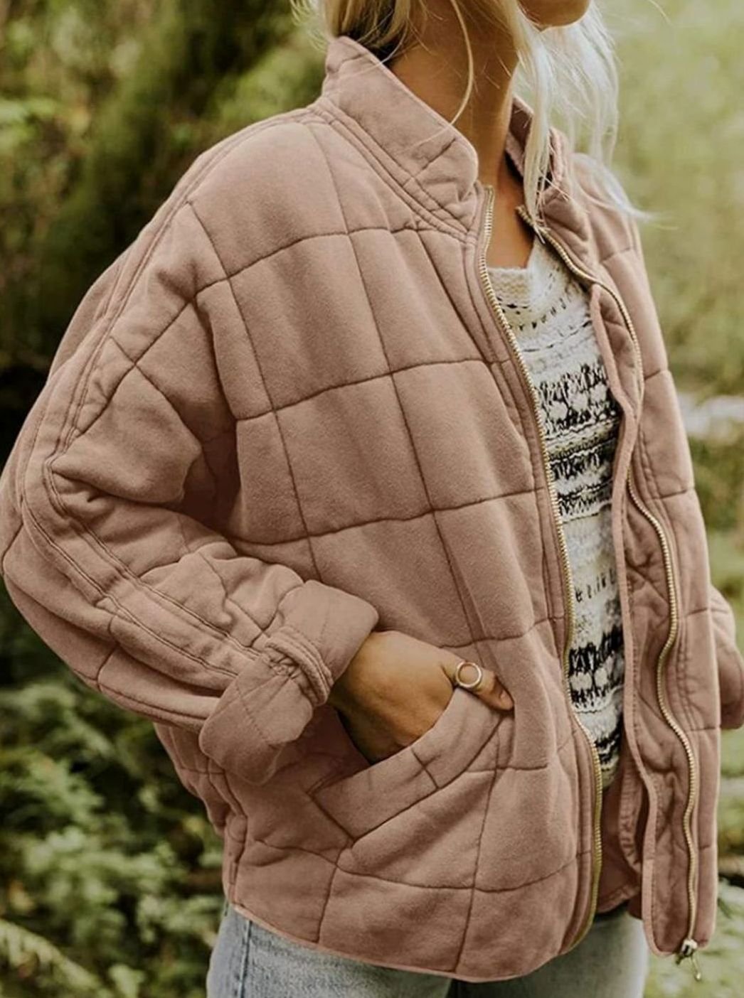 Women's Quilted Fashion Jacket Stand Collar Full-Zip - Pink