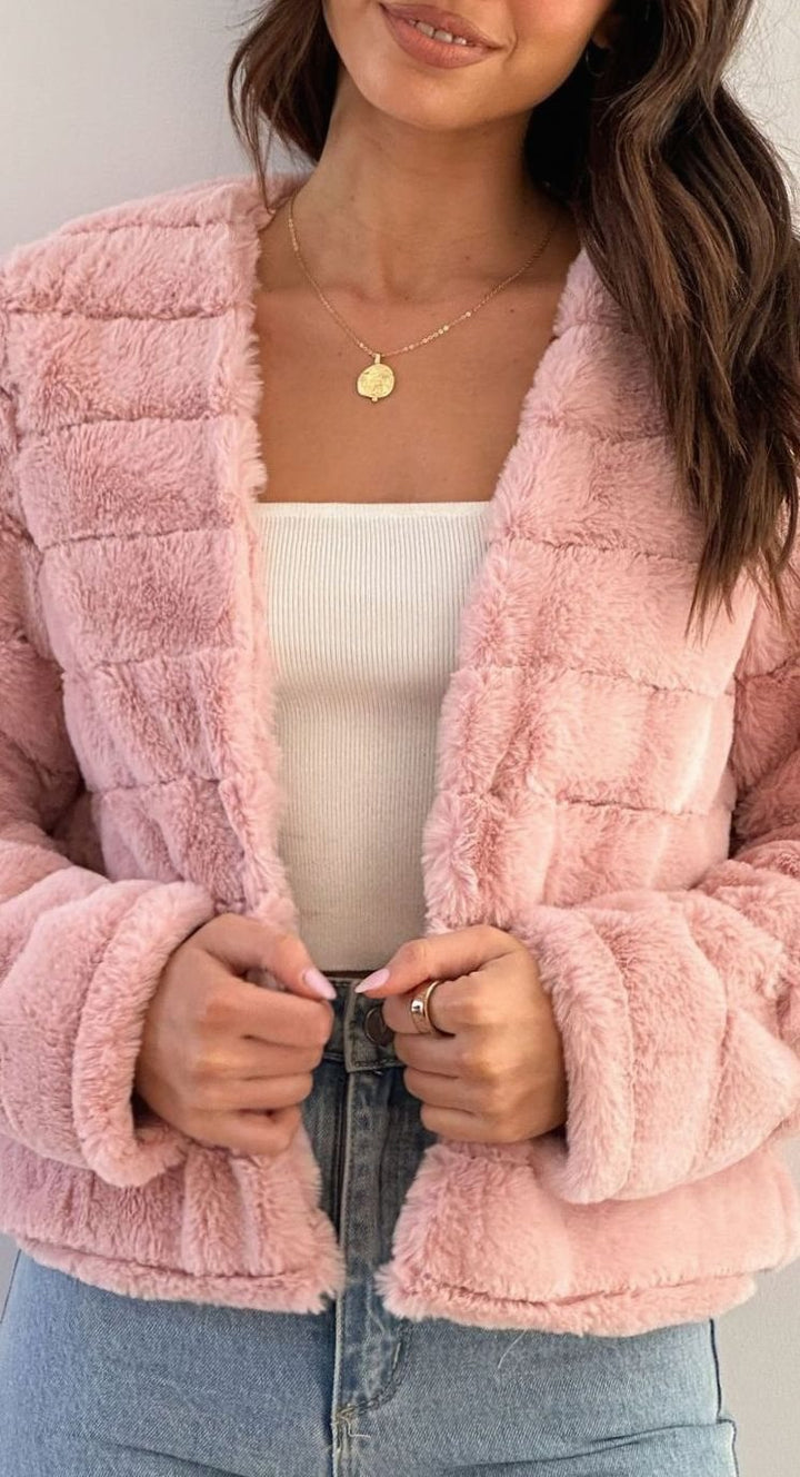 Women's Quilted Faux Fur Open-Front Cropped Evening Jacket - Pink