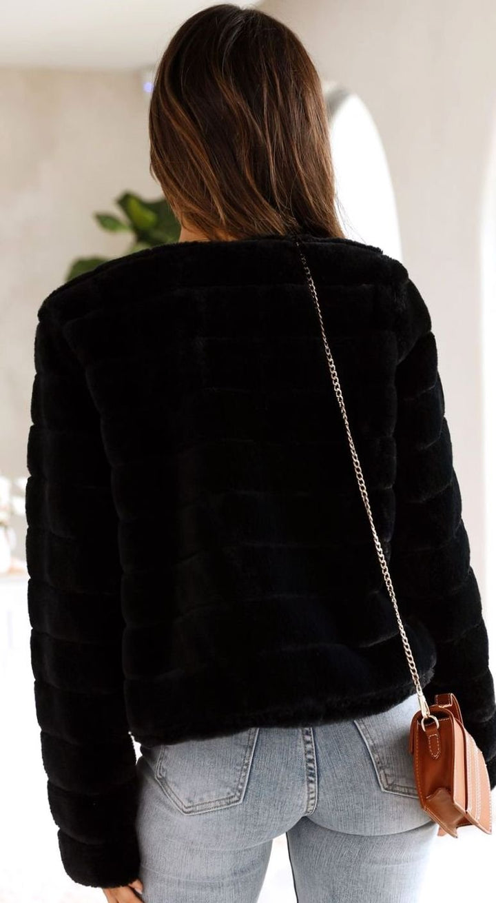 Women's Quilted Faux Fur Open-Front Cropped Evening Jacket
