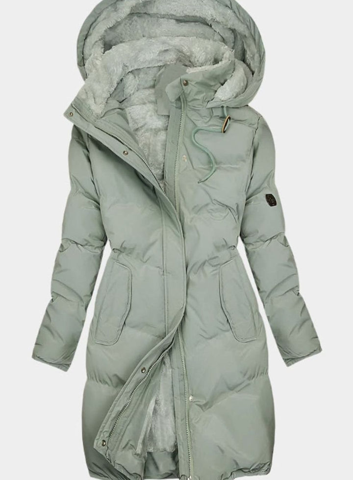 Women's Quilted Fleece-Lined Long Puffer Hooded Coat - Green