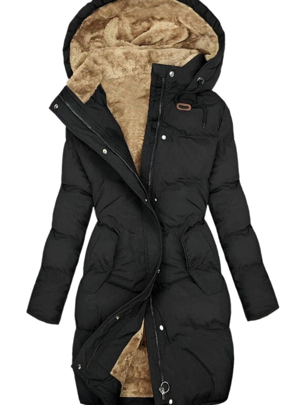 Women's Quilted Fleece-Lined Long Puffer Hooded Coat - Black