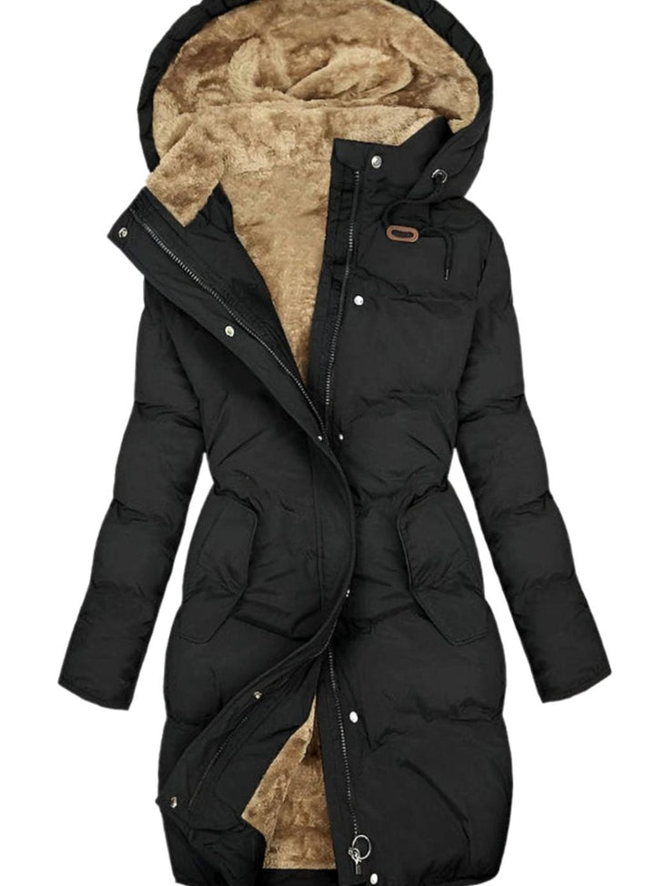 Women's Quilted Fleece-Lined Long Puffer Hooded Coat - Black