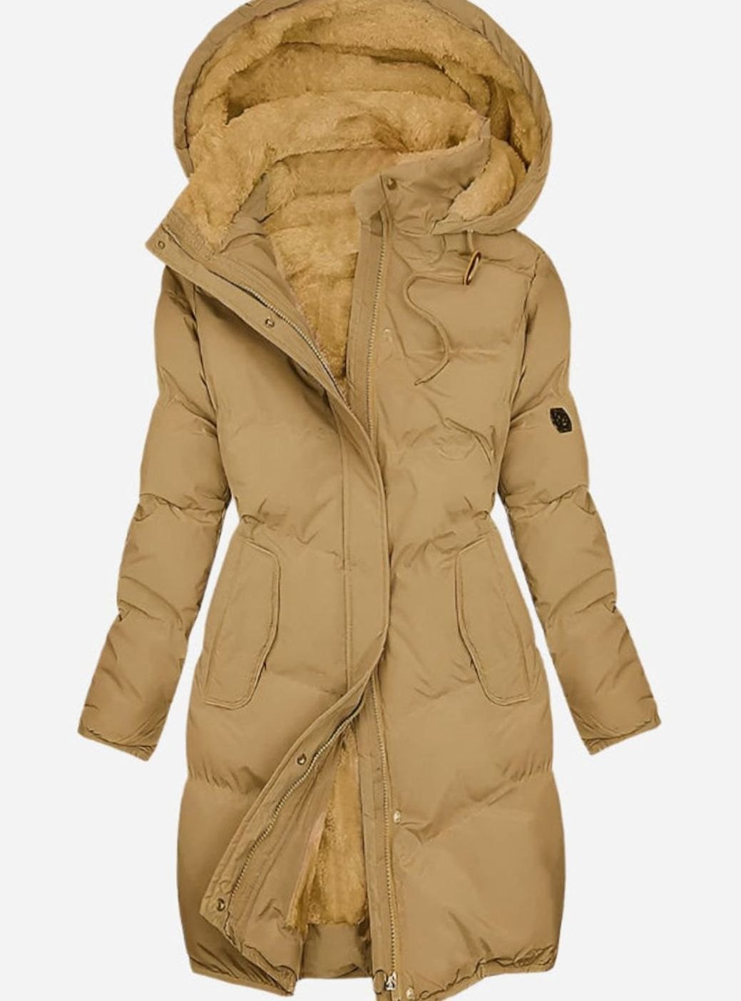 Women's Quilted Fleece-Lined Long Puffer Hooded Coat - Yellow