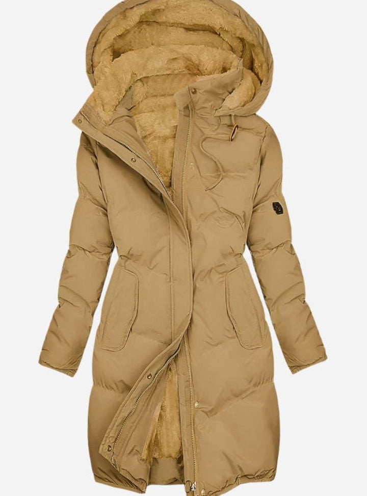 Women's Quilted Fleece-Lined Long Puffer Hooded Coat - Yellow