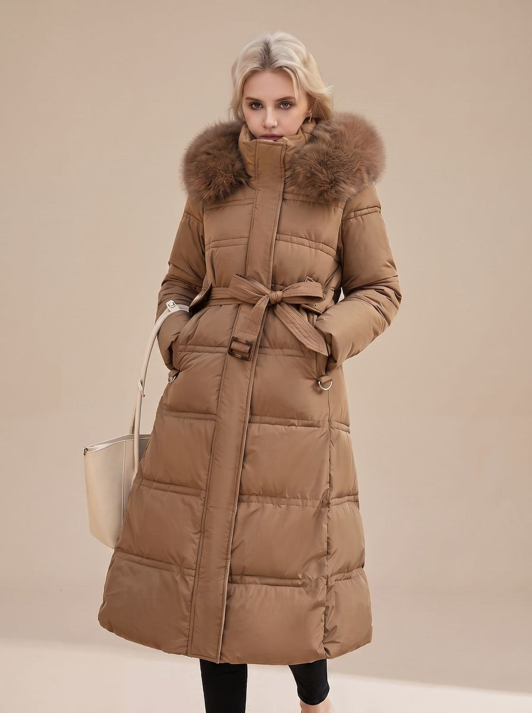 Women's Quilted Fur-Hood Full-Length Puffer Coat - Coffee